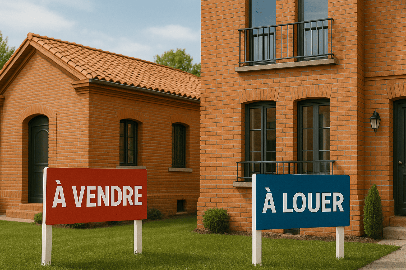 Panneaux À Vendre et À Louer devant des maisons - Illustration des besoins en diagnostics immobiliers par DIAG EXPERT 31 à Toulouse et en Haute-Garonne.
