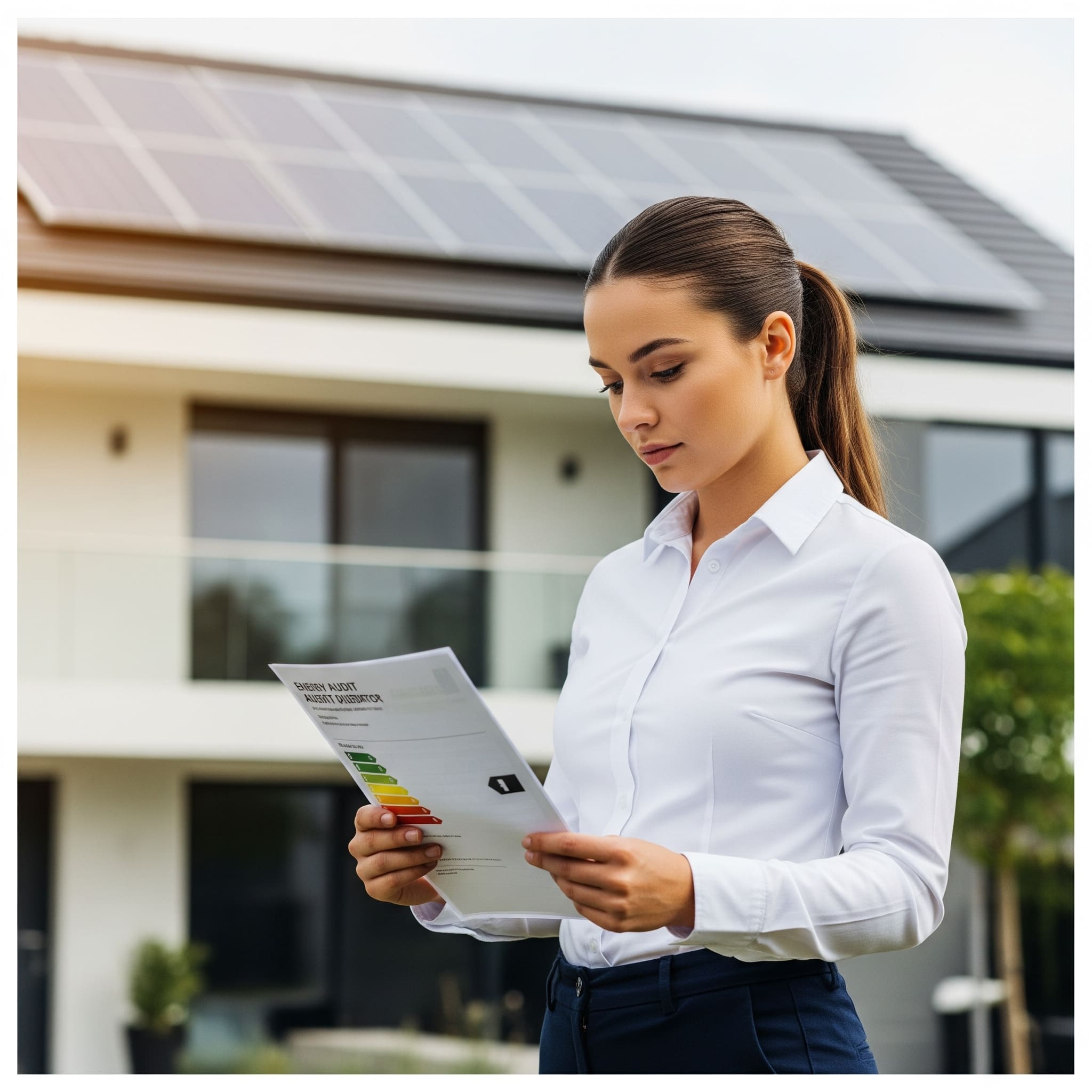 Technicienne DPE examinant un certificat de performance énergétique devant une maison moderne avec panneaux solaires.