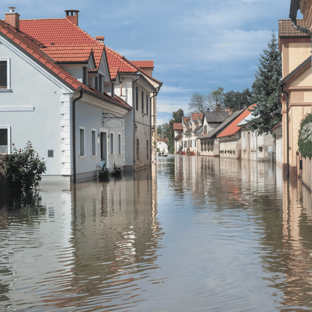 Inondation dans une zone résidentielle, exemple de risque pour un État des Risques et Pollutions.