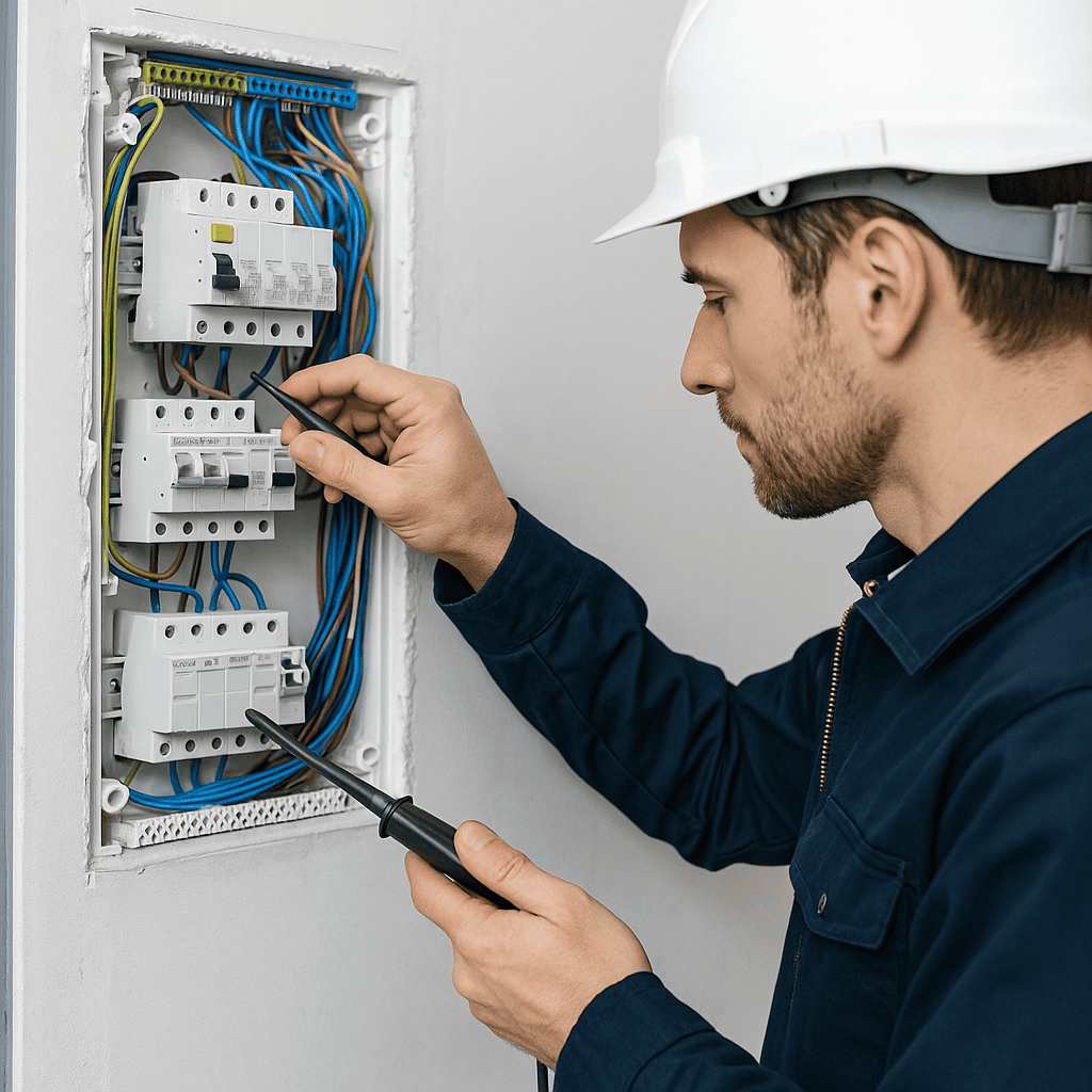 Technicien en train de réaliser un diagnostic électrique sur un tableau de distribution.