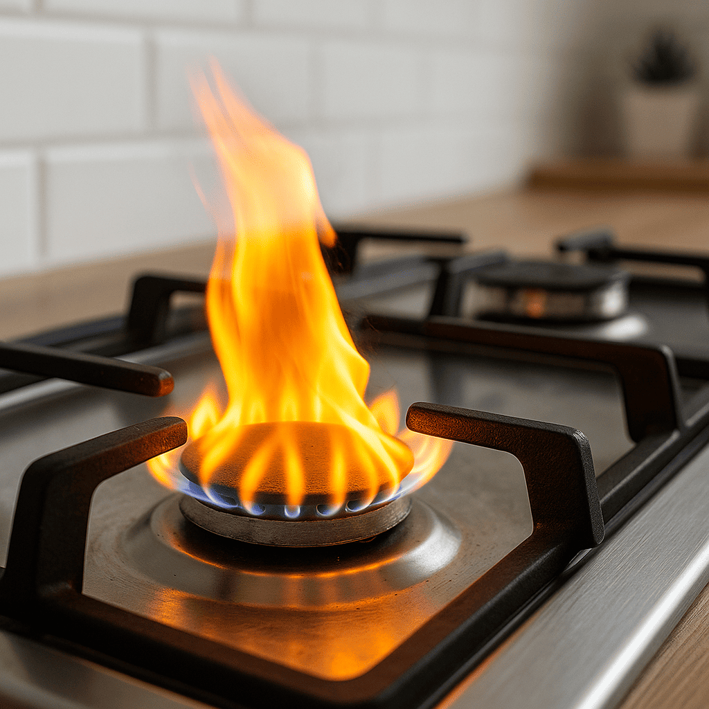 Flamme excessive sur une gazinière – Risque lié à une installation gaz défectueuse.